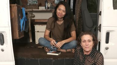Director Chloe Zhao and Frances McDormand attend the Nomadland drive-in premiere in LA in 2020. Pic: Searchlight Pictures/20th Century Studios